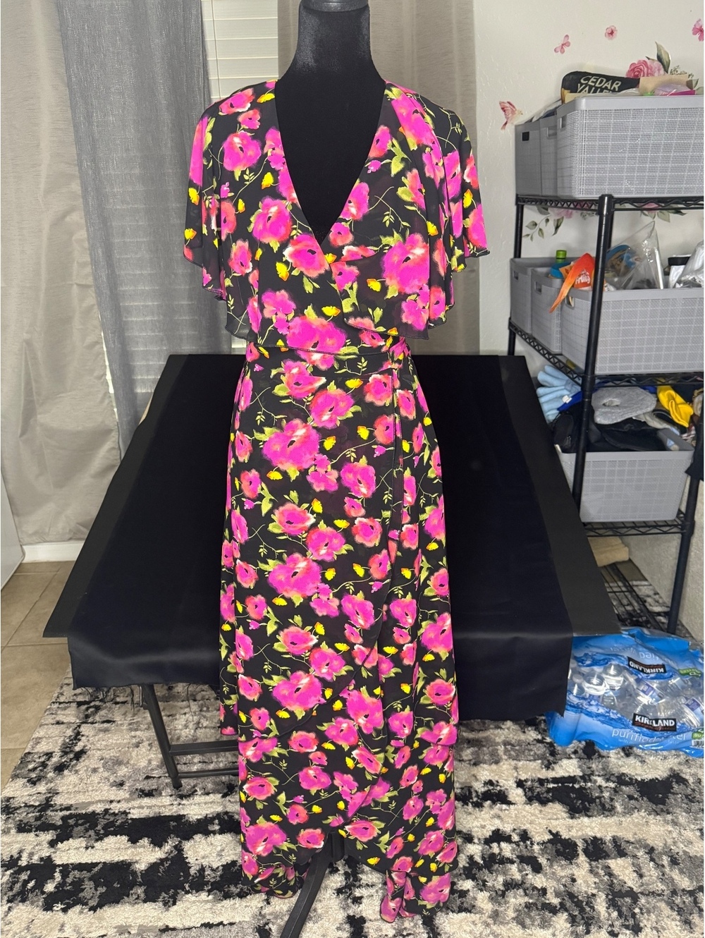 ABOUND Black Maxi Dress with Pink Floral Print Size Small
